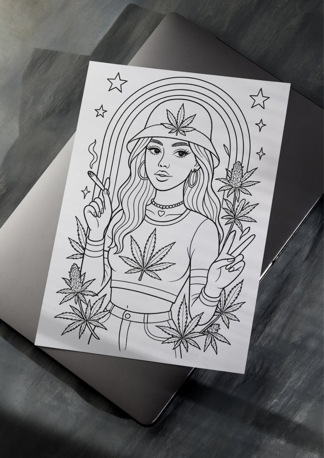 Garden Girl bucket hat coloring page with peace sign, rainbow and cannabis leaves