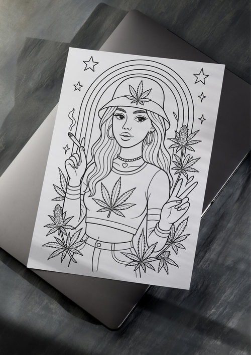 Garden Girl bucket hat coloring page with peace sign, rainbow and cannabis leaves
