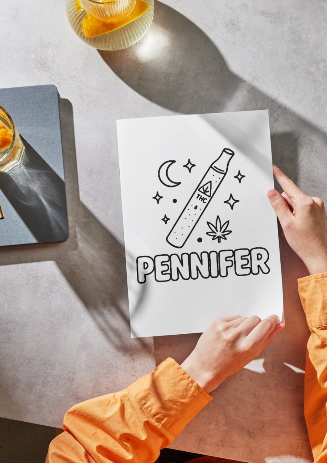 Pennifer THC vape pen parody coloring page with moon and stars